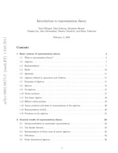 Introduction to representation theory  arXiv:0901.0827v5 [math.RT] 1 Feb 2011 Pavel Etingof, Oleg Golberg, Sebastian Hensel, Tiankai Liu, Alex Schwendner, Dmitry Vaintrob, and Elena Yudovina