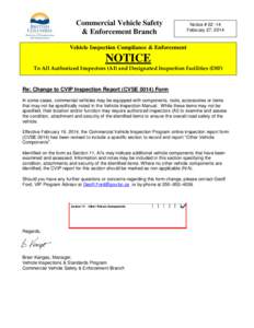 Commercial Vehicle Safety & Enforcement Branch Notice # February 27, 2014