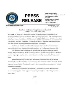 Public Affairs Office  PRESS RELEASE  Commander, U.S. Fleet Forces Command