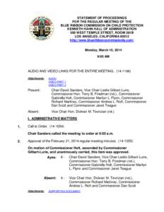 STATEMENT OF PROCEEDINGS FOR THE REGULAR MEETING OF THE BLUE RIBBON COMMISSION ON CHILD PROTECTION KENNETH HAHN HALL OF ADMINISTRATION 500 WEST TEMPLE STREET, ROOM 381B LOS ANGELES, CALIFORNIA 90012