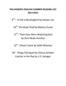 PHS HONOR’S ENGLISH SUMMER READING LIST[removed]9TH: To Kill a Mockingbird by Harper Lee 10th: The Book Thief by Markus Zusak 11th: Their Eyes Were Watching God