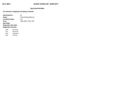 [removed]ALPHA VOTER LIST - BARTLETT SELECTION CRITERIA  If no selection is displayed, everything is selected.