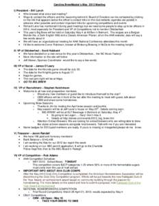 Carolina BrewMaster’s May 2013 Meeting I) President – Bill Lynch • Who brewed what since last meeting? • Ways to contact the officers and the reasoning behind it; Board of Directors can be contacted by clicking o