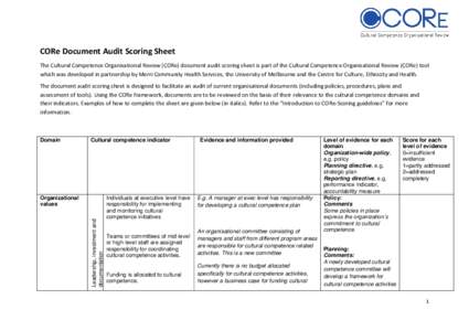 CORe Document Audit Scoring Sheet The Cultural Competence Organisational Review (CORe) document audit scoring sheet is part of the Cultural Competence Organisational Review (CORe) tool which was developed in partnership 