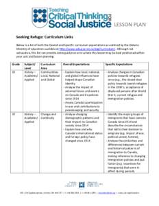 LESSON PLAN Seeking Refuge: Curriculum Links Below is a list of both the Overall and Specific curriculum expectations as outlined by the Ontario Ministry of education available at http://www.edu.gov.on.ca/eng/curriculum/