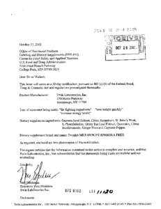 October 17,2002 Office of Nutritional Products Labeling and Dietary Supplements (I-IFS[removed]Center for Food Safety and Applied Nutrition U.S. Food and Drug Administration[removed]Paint Branch Parkway