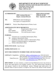 DEPARTMENT OF HUMAN SERVICES  SENIORS & PEOPLE WITH DISABILITIES SERVICES 500 Summer Street NE E02 Salem, Oregon[removed]Phone: ([removed]