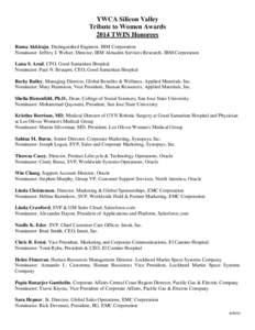 YWCA Silicon Valley Tribute to Women Awards 2014 TWIN Honorees Rama Akkiraju, Distinguished Engineer, IBM Corporation Nominator: Jeffrey J. Welser, Director, IBM Almaden Services Research, IBM Corporation Lana S. Arad, C