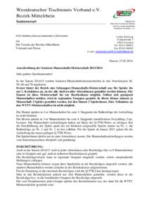 Westdeutscher Tischtennis Verband e.V. Bezirk Mittelrhein Seniorenwart Mitglied des Deutschen Tischtennis-Bundes