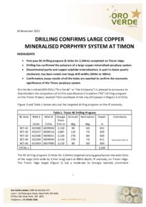 18 November[removed]DRILLING CONFIRMS LARGE COPPER MINERALISED PORPHYRY SYSTEM AT TIMON HIGHLIGHTS • First pass RC drilling program (5 holes for 2,344m) completed on Timon ridge.
