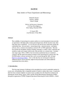 DATEM Data Archive of Tracer Experiments and Meteorology Roland R. Draxler Jerome L. Heffter Glenn D. Rolph NOAA Air Resources Laboratory