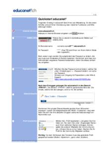 1/2  Quickstart educanet² Folgender Einstieg in educanet² dient Ihnen als Hilfestellung für die ersten Schritte und soll Ihnen Orientierung über nützliche Funktionen und Hilfestellungen bieten. Internet-Adresse www.