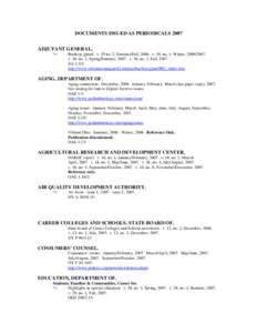 DOCUMENTS ISSUED AS PERIODICALS 2007 ADJUTANT GENERAL. *+ Buckeye guard. v. 29 no. 2, Summer/Fall, 2006. v. 30, no. 1, Winter, [removed]v. 30, no. 2, Spring/Summer, 2007. v. 30, no. 3, Fall, 2007.