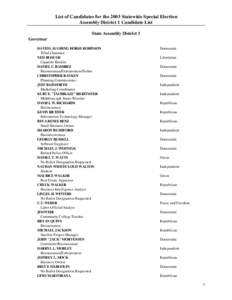 List of Candidates for the 2003 Statewide Special Election Assembly District 1 Candidate List State Assembly District 1 Governor DAVID LAUGHING HORSE ROBINSON Tribal Chairman