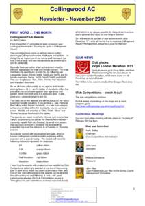 Collingwood AC Newsletter – November 2010 FIRST WORD … THIS MONTH Collingwood Club Awards by Ruth Cottam st