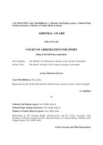 CAS 2014/A/3639 Amar Muralidharan v. National Anti-Doping Agency, National Dope Testing Laboratory, Ministry of Youth Affairs & Sports ARBITRAL AWARD delivered by the
