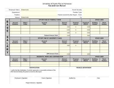 University of Puerto Rico at Humacao TIME & EFFORT REPORT Em ployee Nam e: Social Security: