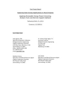 Final Project Report Exploring Solar Energy Applications in Rural Virginia Applying Renewable Energy Project Screening, Analysis Tools and Decision Support Software Submitted July 17, 2014 Contract # C126045