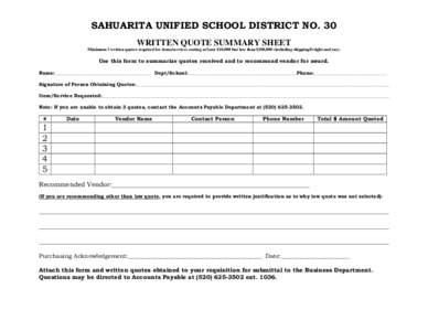 VERBAL/WRITTEN QUOTE SUMMARY SHEET