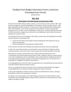 Feedback from Budget Information Centre, Cameroon (Translated from French) Leonard Eoussa New Idea Harmonization of the Debt Strategy and Instruments of Debt