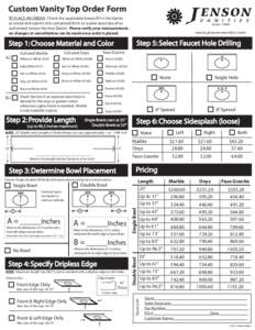 Custom Vanity Top Order Form TO PLACE AN ORDER: Check the applicable boxes, fill in the blanks as noted and submit this completed form to a sales associate of an authorized Jenson Vanities Dealer. Please verify your meas