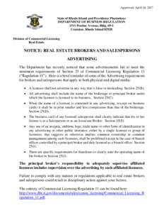 Approved: April 20, 2017 State of Rhode Island and Providence Plantations DEPARTMENT OF BUSINESS REGULATION 1511 Pontiac Avenue, BldgCranston, Rhode IslandDivision of Commercial Licensing