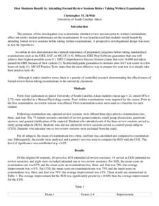 How Students Benefit by Attending Formal Review Sessions Before Taking Written Examinations Christopher M. DeWitt University of South Carolina Aiken Introduction The purpose of this investigation was to determine whether