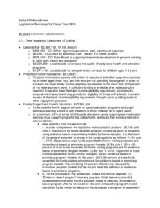 Early Childhood Iowa Legislative Summary for Fiscal Year 2013 SF[removed]Education appropriations): ECI: Three legislated “categories” of funding: 