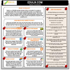 EDULIX.COM Education Crowd-Sourced WHAT IS EDULIX? Edulix is a 225,000 member strong online community. It consists of scholars who either want to go to graduate school, or are already in