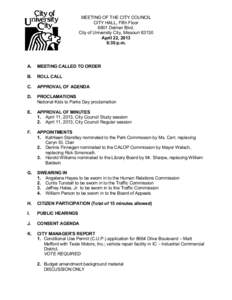 MEETING OF THE CITY COUNCIL CITY HALL, Fifth Floor 6801 Delmar Blvd. City of University City, Missouri[removed]April 22, 2013 6:30 p.m.