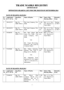 TRADE MARKS REGISTRY AHMEDABAD OPPOSITION HEARING LIST FOR THE MONTH OF SEPTEMBER-2014 DATE OF HEARING[removed]Sr. Application/ No. R. T. M. No.