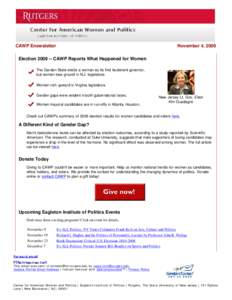 CAWP Enewsletter  November 4, 2009 Election[removed]CAWP Reports What Happened for Women The Garden State elects a woman as its first lieutenant governor,