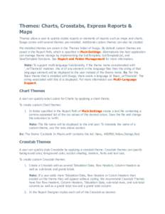 Themes: Charts, Crosstabs, Express Reports & Maps Themes allow a user to quickly stylize reports or elements of reports such as maps and charts. Exago comes with several themes pre-installed. Additional custom themes can