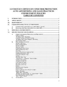 GOVERNOR’S OFFICE OF CONSUMER PROTECTION AUTO ADVERTISING AND SALES PRACTICES ENFORCEMENT POLICIES TABLE OF CONTENTS I.