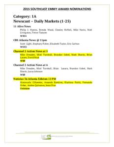 2015	
  SOUTHEAST	
  EMMY	
  AWARD	
  NOMINATIONS	
  	
    Category: 1A Newscast – Daily MarketsAlive News Philip J. Humes, Brenda Wood, Chesley McNeil, Mike Navin, Matt