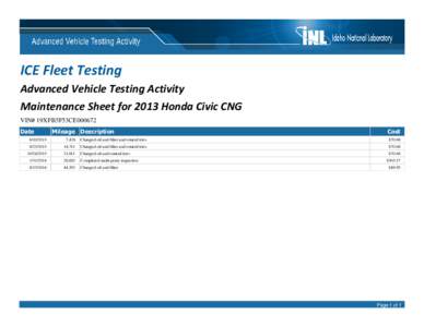 ICE Fleet Testing Advanced Vehicle Testing Activity Maintenance Sheet for 2013 Honda Civic CNG VIN# 19XFB5F53CE000672 Date