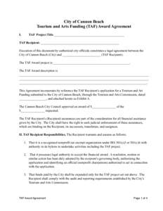 City of Cannon Beach Tourism and Arts Funding (TAF) Award Agreement I. TAF Project Title ____________________________________________