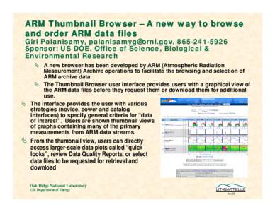 ARM Thumbnail Browser – A new way to browse and order ARM data files Giri Palanisamy, [removed], [removed]Sponsor: US DOE, Office of Science, Biological & Environmental Research