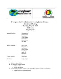    Birmingham Northern Beltline Community Outreach Group Orientation Meeting Thursday, May 15, 2014 5:30-7 pm