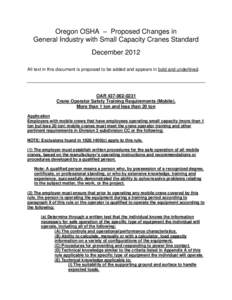Oregon OSHA – Proposed Changes in General Industry with Small Capacity Cranes Standard December 2012 All text in this document is proposed to be added and appears in bold and underlined.  OAR[removed]