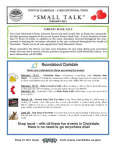 TOWN OF CLARKDALE - A 2012 CENTENNIAL TOWN  “SMALL TALK” FEBRUARY[removed]LIBRARY BOOK SALE