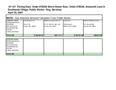 [removed]Paving Exec. Order #78340 Storm Sewer Exec. Order #78348, Amaranth Lane in Southwest Village, Public Works - Eng. Services April 25, 2007 NOTE: See Attached Itemized Tabulation From Public Works COMPANY NAME: REPR