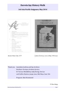 Darwin Gay History Walk 3rd Asia Pacific Outgames, May 2014 Boomer Motor Club, 1977  Lesbian Territory, cover of May 1994 issue