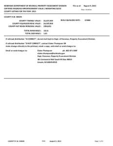 NEBRASKA DEPARTMENT OF REVENUE, PROPERTY ASSESSMENT DIVISION CERTIFIED RAILROAD APPORTIONMENT VALUE / WEIGHTING[removed]COUNTY LISTING FOR TAX YEAR 2013 File as of: