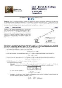 DNB - Brevet des Collèges 2016 Pondichéry 26 Avril 2016 Correction