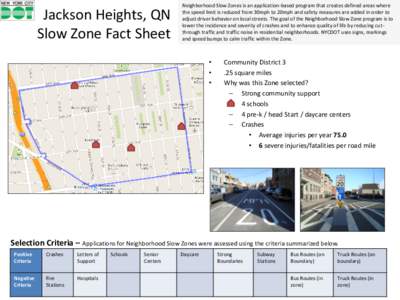 Jackson Heights, QN Slow Zone Fact Sheet Neighborhood Slow Zones is an application-based program that creates defined areas where the speed limit is reduced from 30mph to 20mph and safety measures are added in order to a