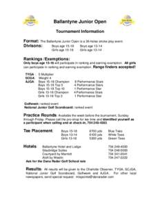 Ballantyne Junior Open Tournament Information Format: The Ballantyne Junior Open is a 36-holes stroke play event. Divisons: Boys age[removed]Boys age 13-14