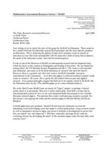 Mathematics Assessment Resource Service • MARS Professor Hugh Burkhardt, Project Director Michigan State University and Shell Centre, School of Education University of Nottingham