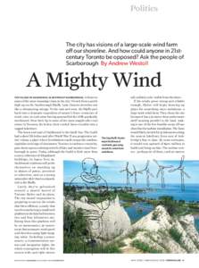 Politics  The city has visions of a large-scale wind farm off our shoreline. And how could anyone in 21stcentury Toronto be opposed? Ask the people of Scarborough By Andrew Westoll
