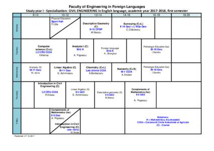 Faculty of Engineering in Foreign Languages Study year I - Specialization: CIVIL ENGINEERING in English language; academic year, first semester
